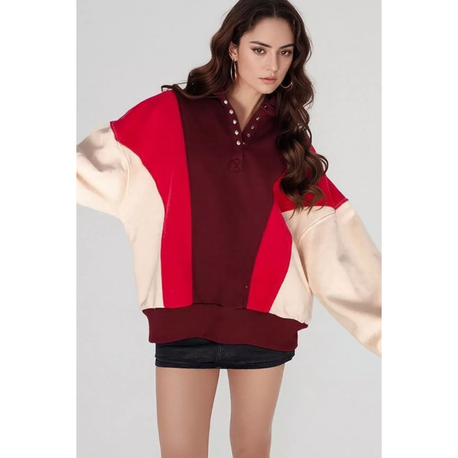 Color-Block Snap-Button Oversized Sweatshirt Burgundy / S Apparel and Accessories