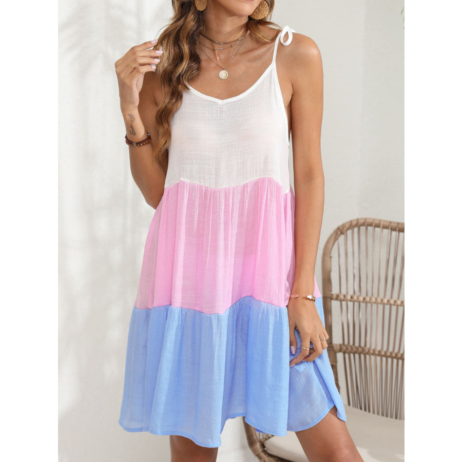 Color Block Spaghetti Strap Cover - Up Dress Carnation Pink / S Apparel and Accessories