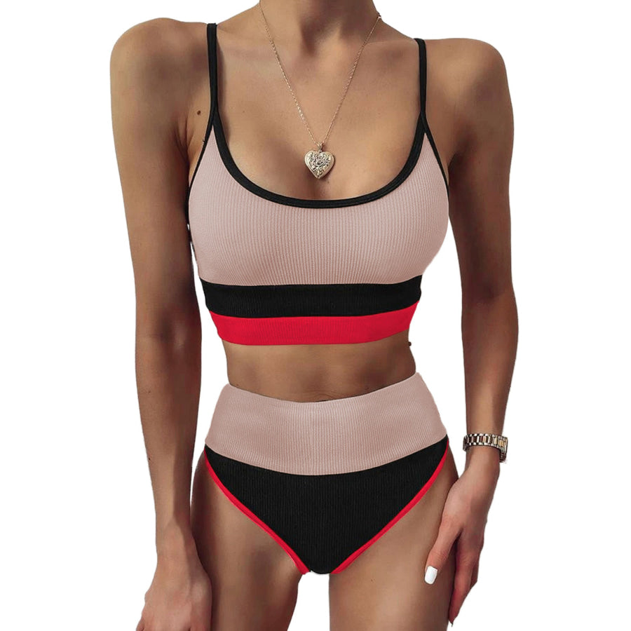 Color Block Spaghetti Strap Two-Piece Swim Set Dust Storm / S Apparel and Accessories