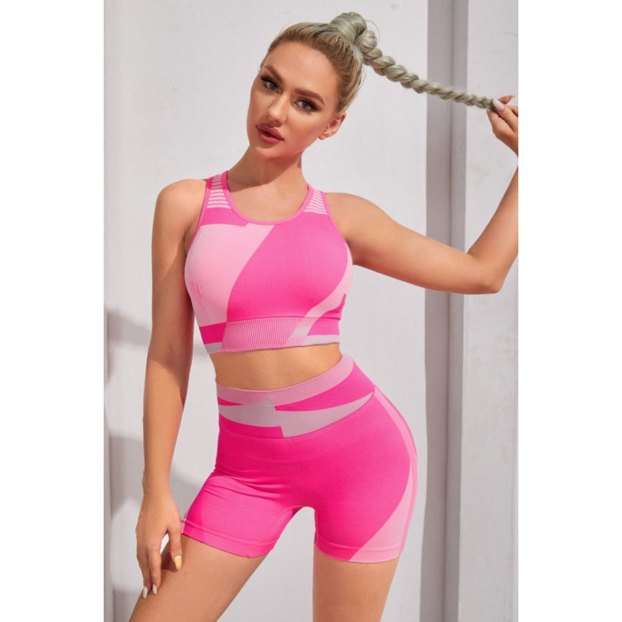 Color Block Sports Bra and Shorts Set Hot Pink / S