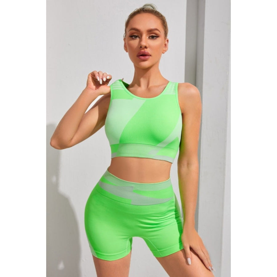 Color Block Sports Bra and Shorts Set Mint Green / S