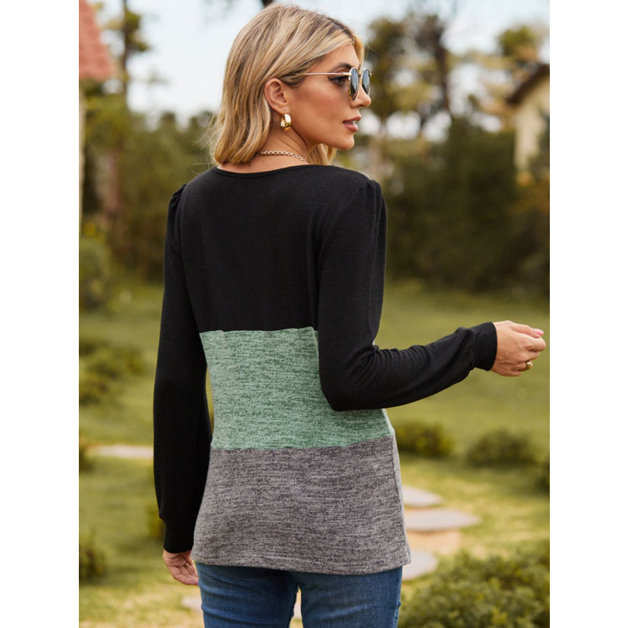 Color Block Square Neck Long Sleeve T-Shirt Black / S Apparel and Accessories