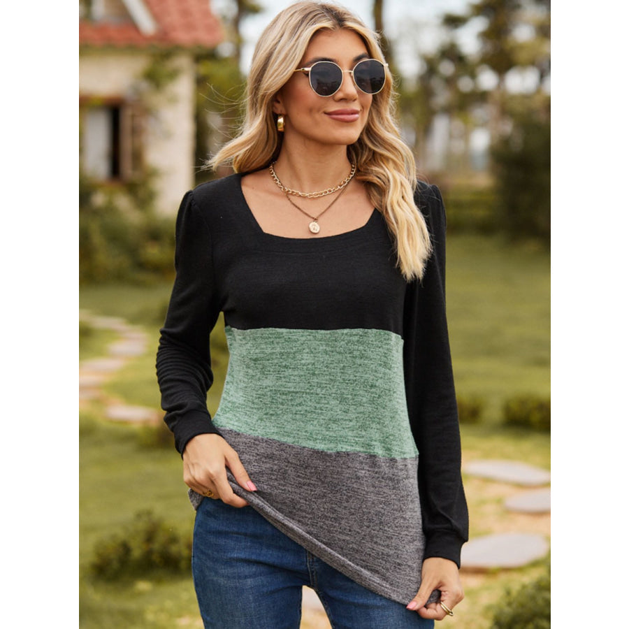 Color Block Square Neck Long Sleeve T-Shirt Black / S Apparel and Accessories