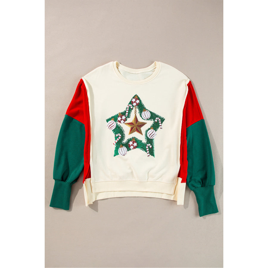Color Block Star Side Slit Lantern Sleeve Sweatshirt Apparel and Accessories