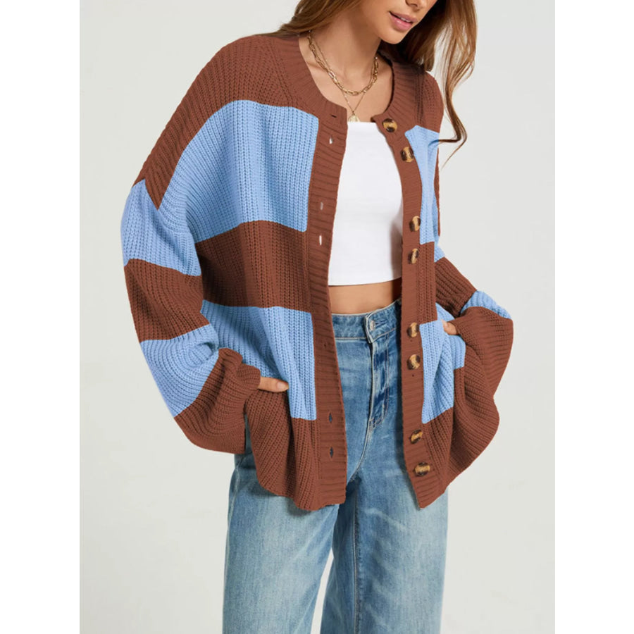 Color Block Striped Button-Up Cardigan Apparel and Accessories