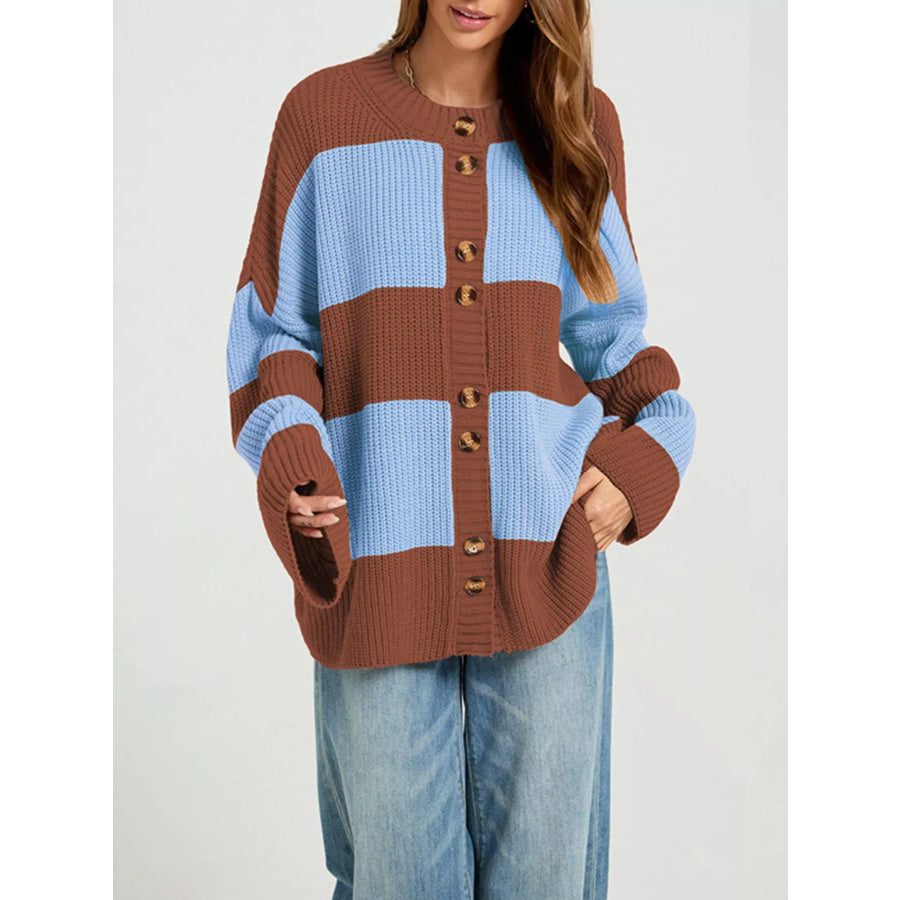 Color Block Striped Button-Up Cardigan Apparel and Accessories
