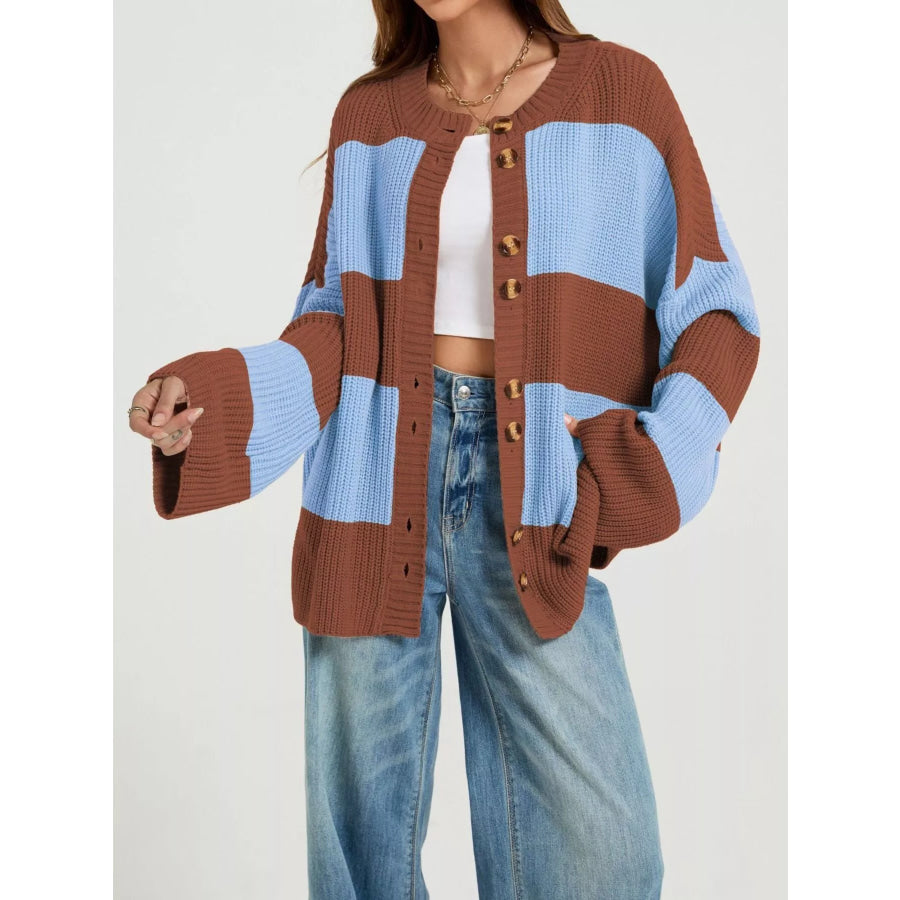 Color Block Striped Button-Up Cardigan Rust / S Apparel and Accessories