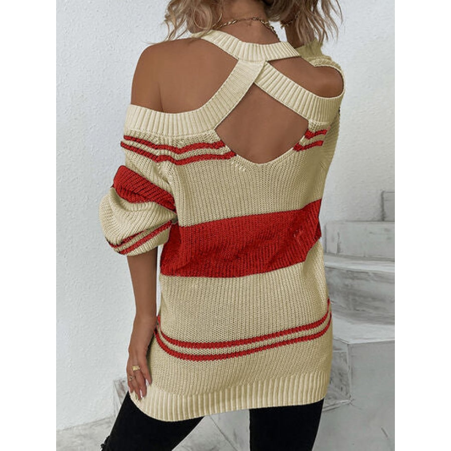 Color Block Striped Cold Shoulder Sweater Clothing