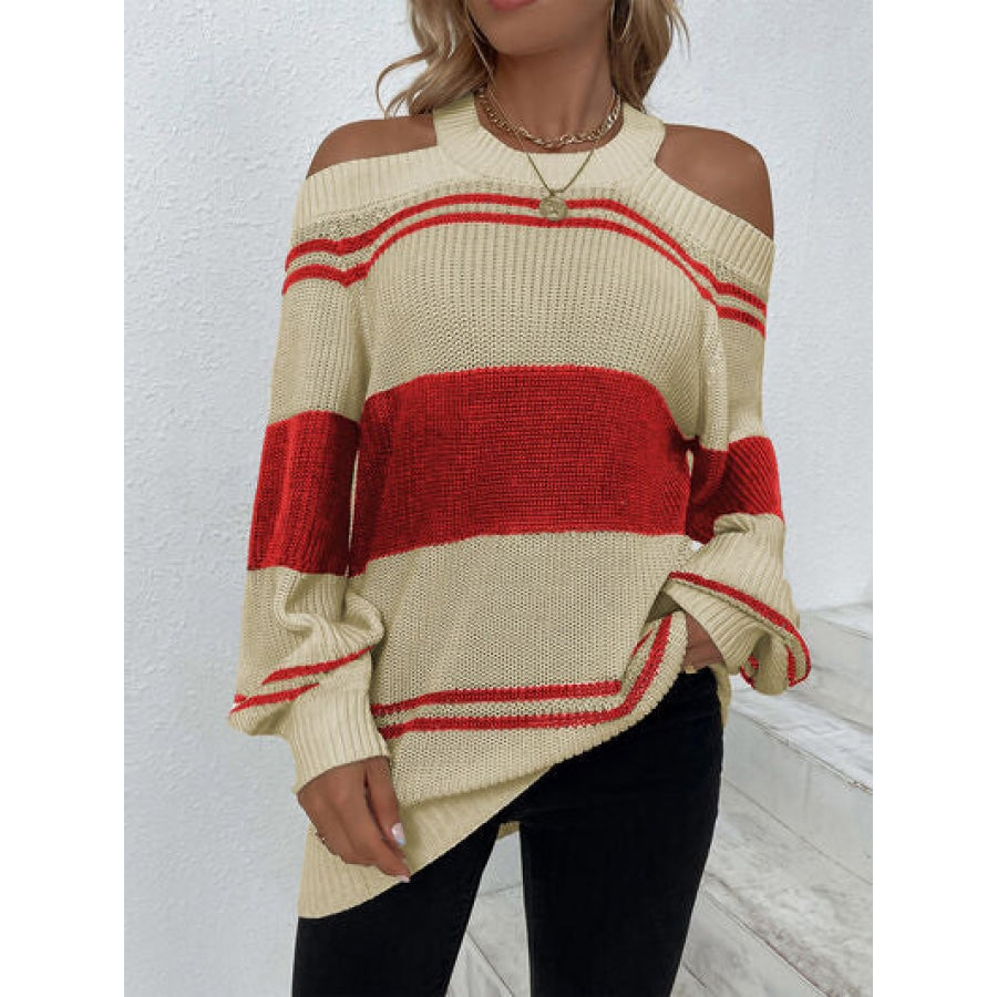 Color Block Striped Cold Shoulder Sweater Clothing