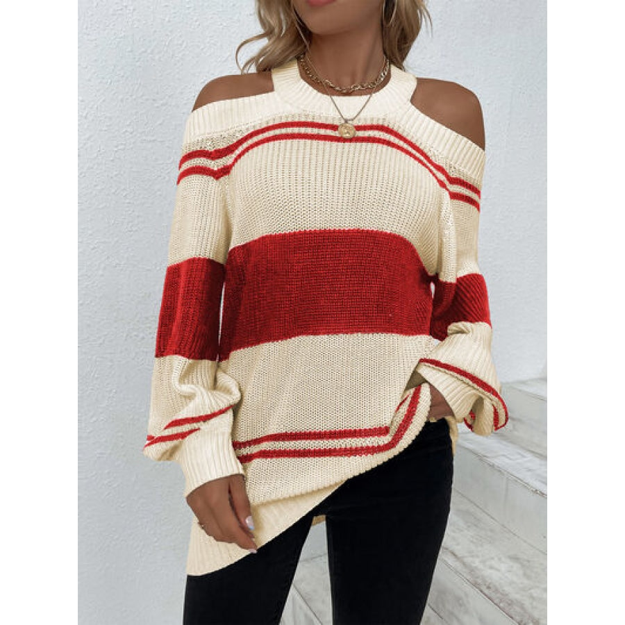 Color Block Striped Cold Shoulder Sweater Tan / S Clothing