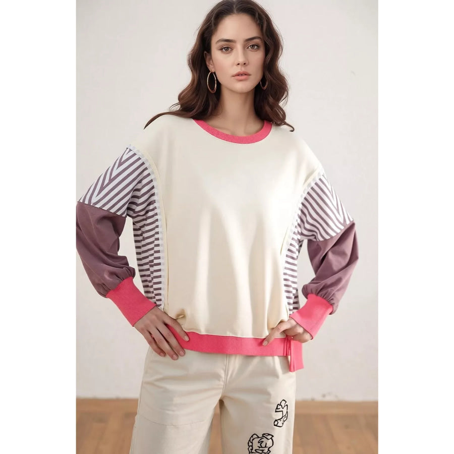 Color-Block Striped Crew Neck Sweatshirt White / S Apparel and Accessories