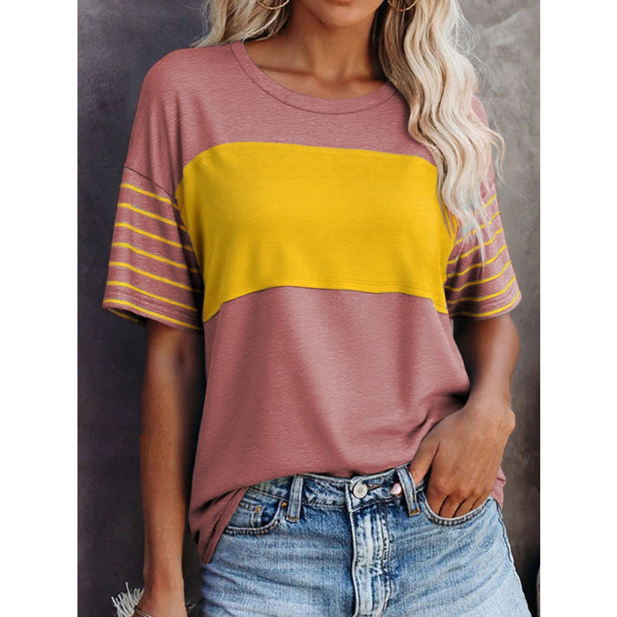 Color Block Striped Detail Loose T Shirt Dusty Pink / S Apparel and Accessories
