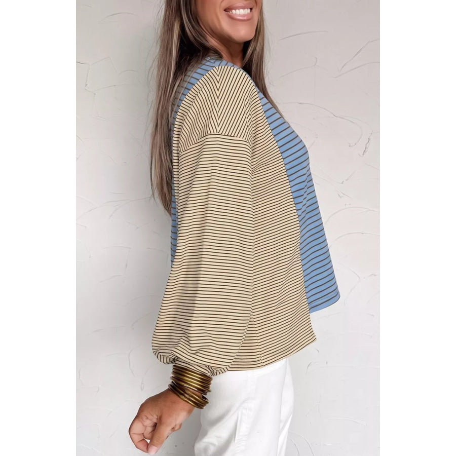 Color Block Striped Dropped Shoulder Sweatshirt Dusty Blue / S Apparel and Accessories