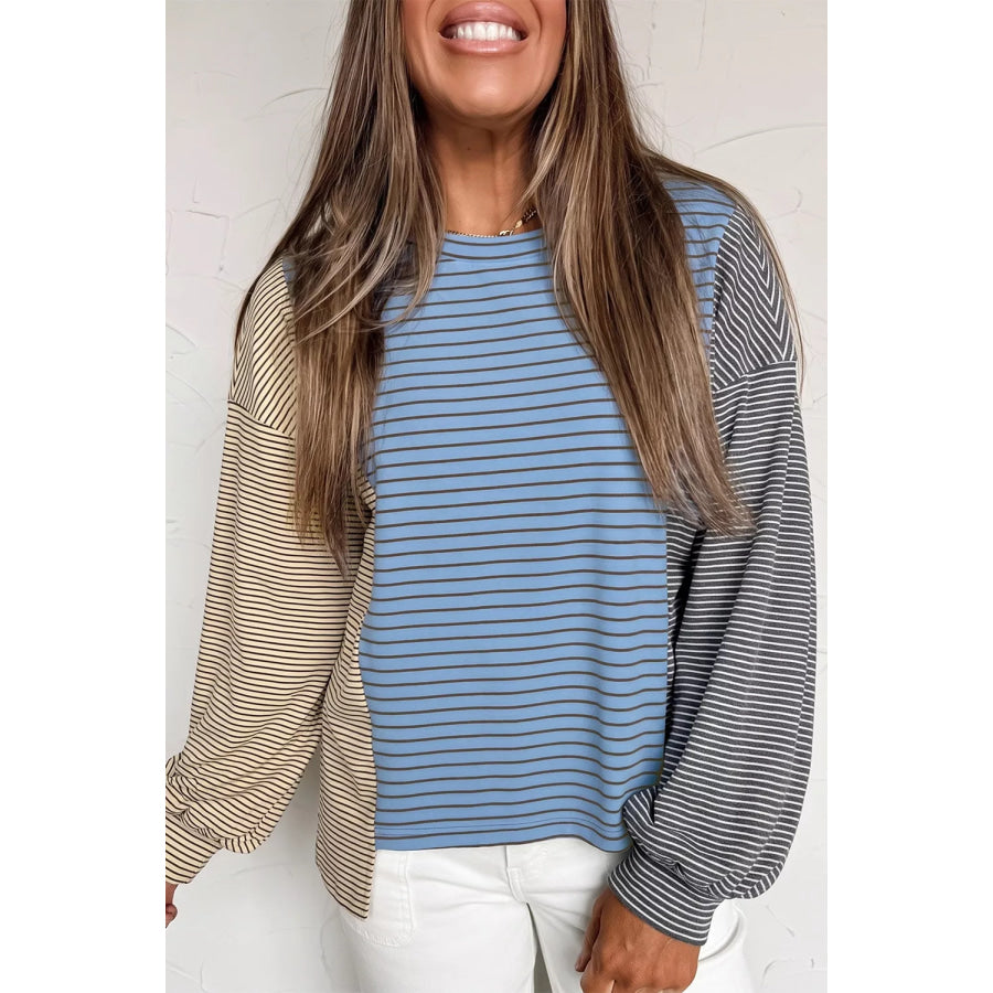 Color Block Striped Dropped Shoulder Sweatshirt Dusty Blue / S Apparel and Accessories