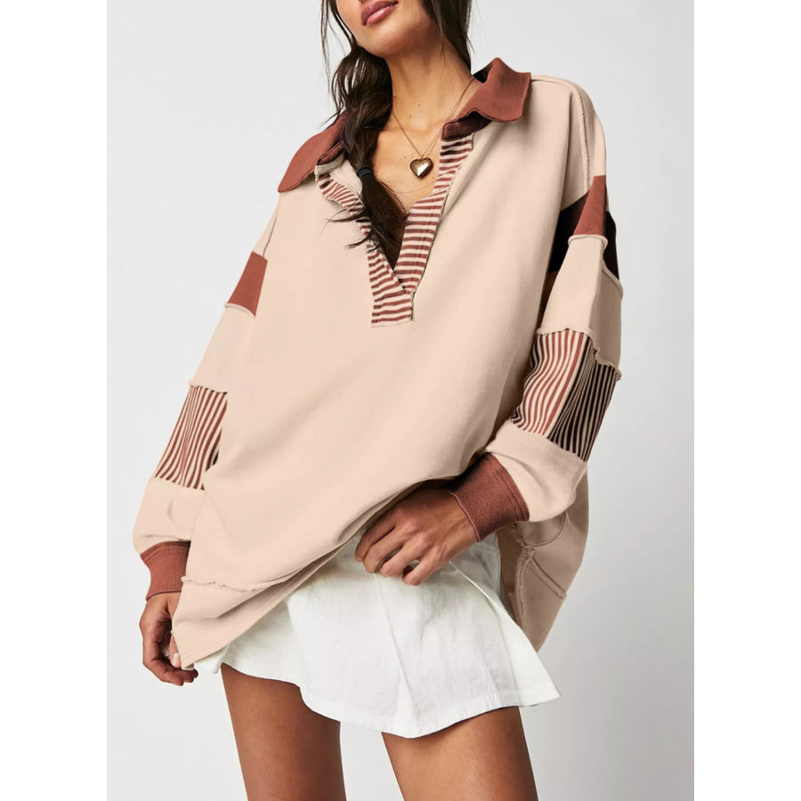 Color Block Striped Johnny Collar Sweatshirt Apparel and Accessories