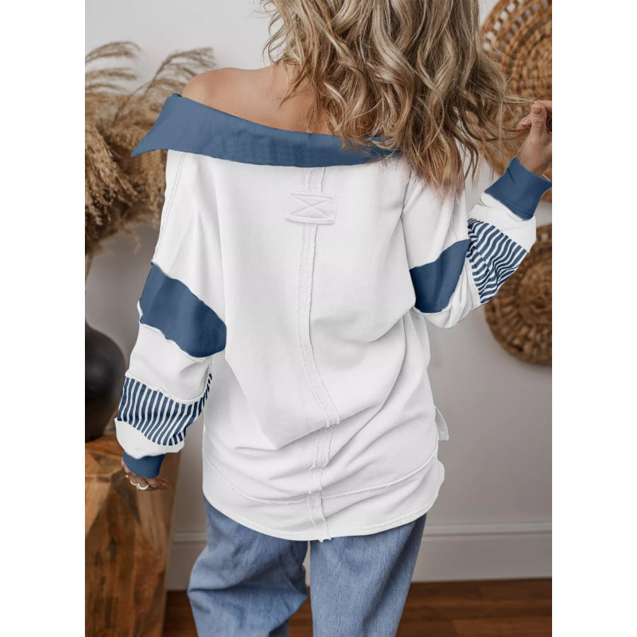 Color Block Striped Johnny Collar Sweatshirt Apparel and Accessories