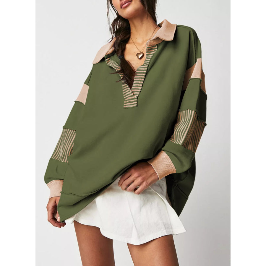 Color Block Striped Johnny Collar Sweatshirt Apparel and Accessories