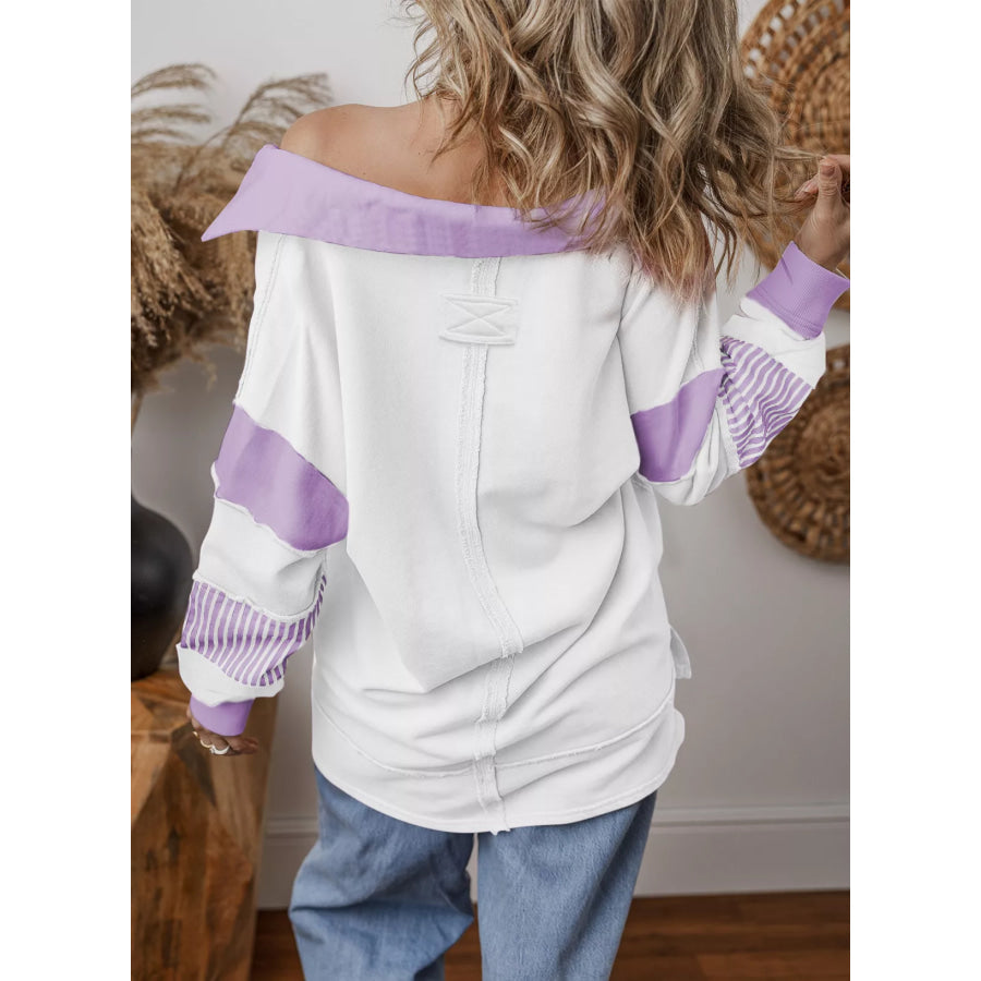 Color Block Striped Johnny Collar Sweatshirt Apparel and Accessories