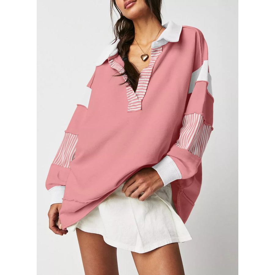 Color Block Striped Johnny Collar Sweatshirt Apparel and Accessories