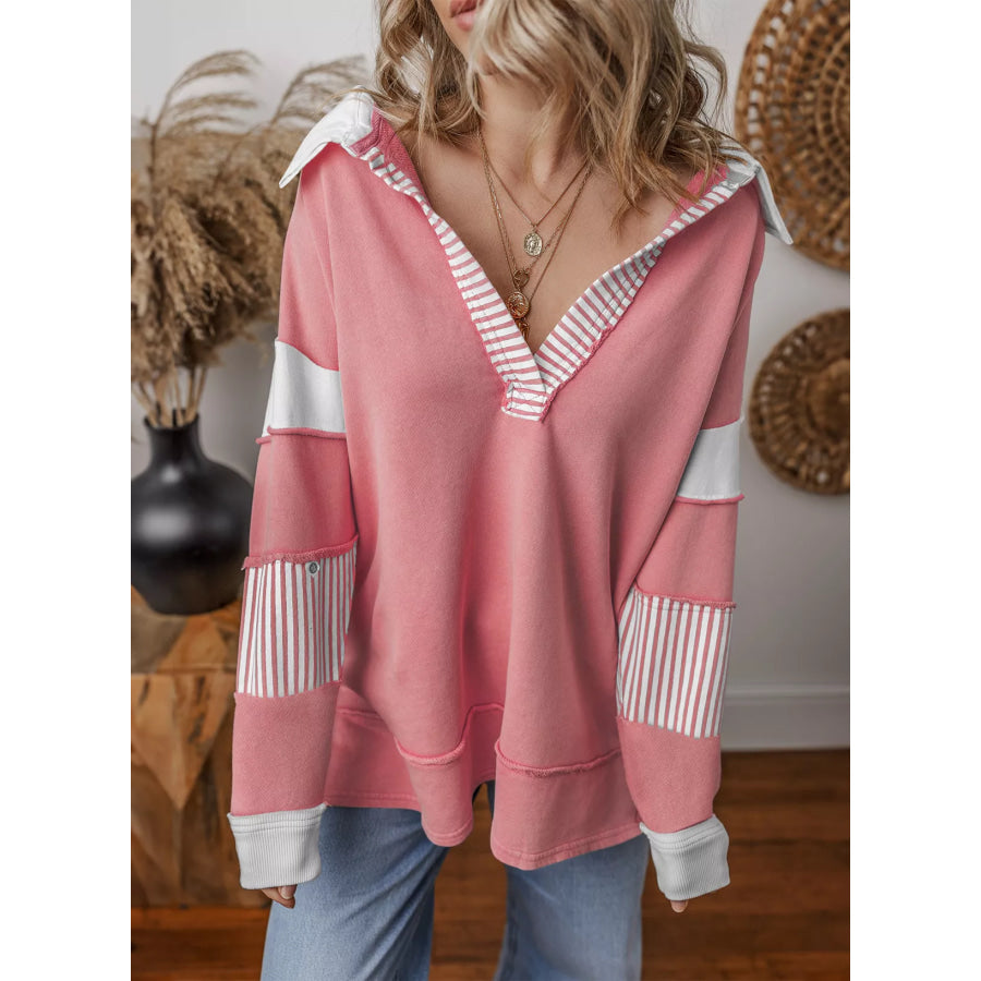 Color Block Striped Johnny Collar Sweatshirt Apparel and Accessories