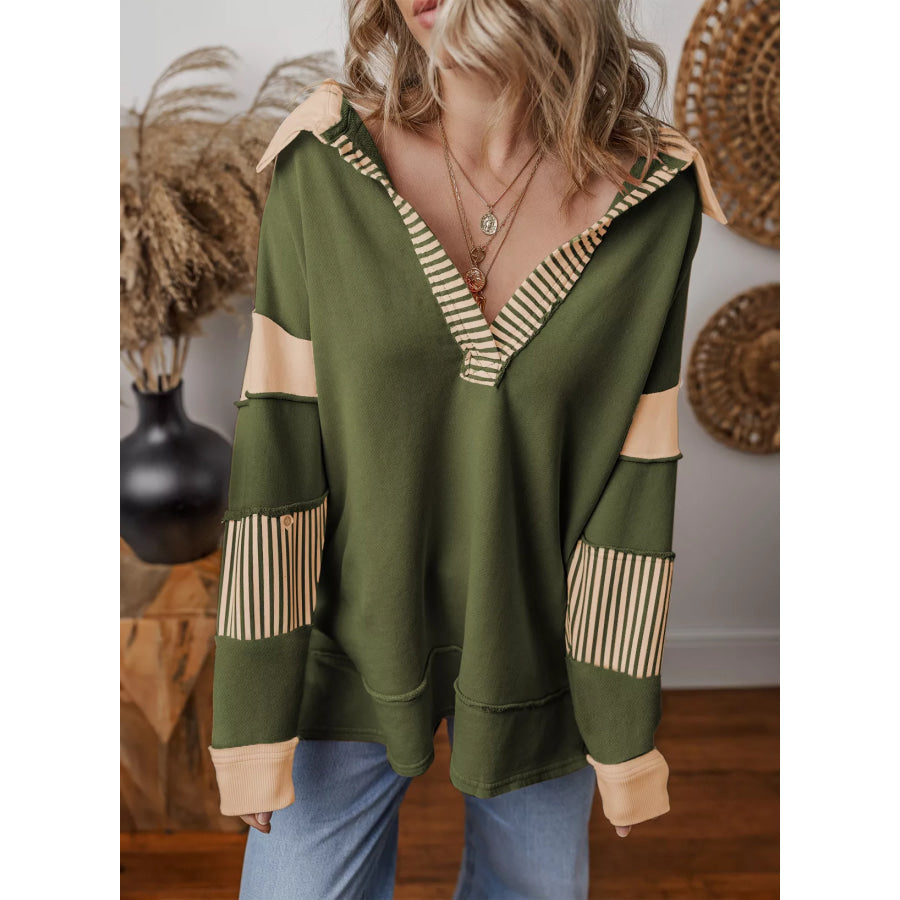 Color Block Striped Johnny Collar Sweatshirt Apparel and Accessories