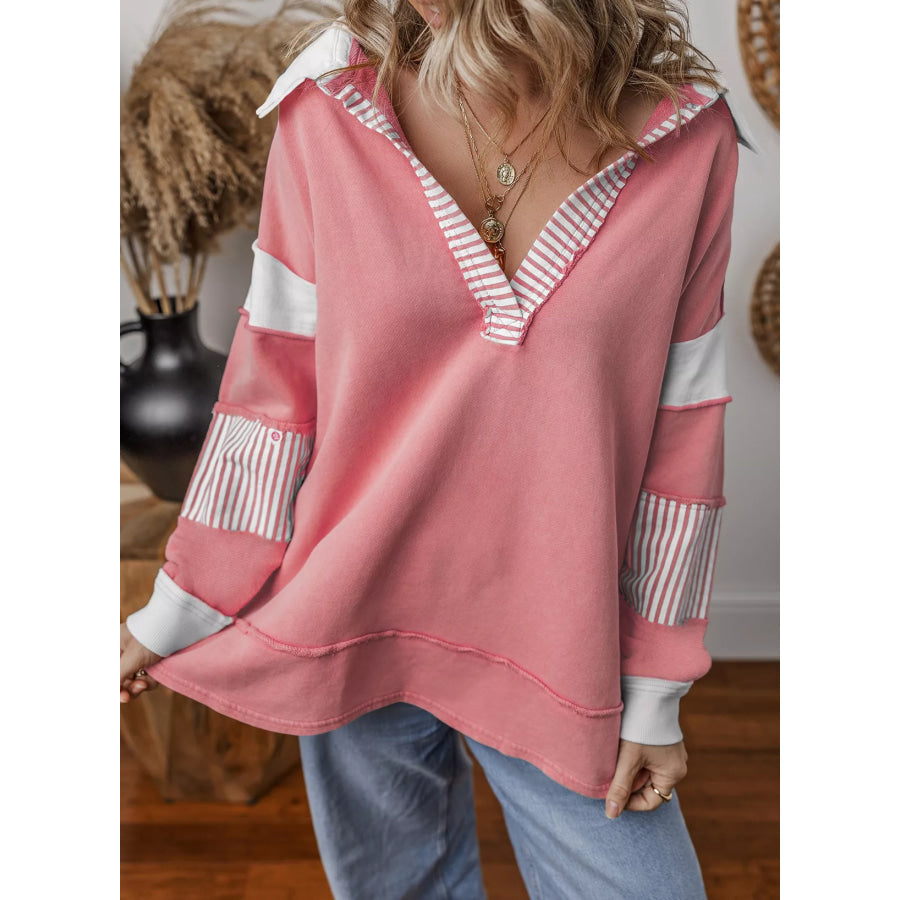 Color Block Striped Johnny Collar Sweatshirt Dusty Pink / S Apparel and Accessories