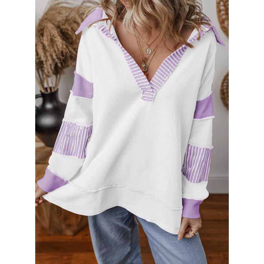 Color Block Striped Johnny Collar Sweatshirt Pink Purple / S Apparel and Accessories