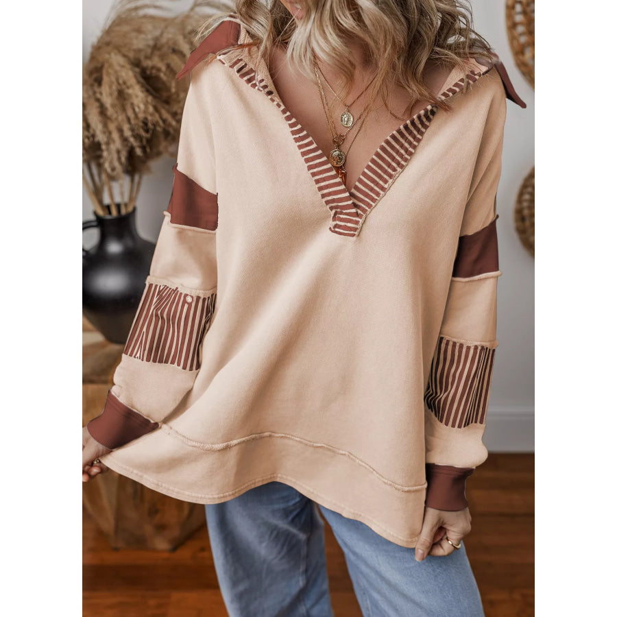 Color Block Striped Johnny Collar Sweatshirt Tan / S Apparel and Accessories