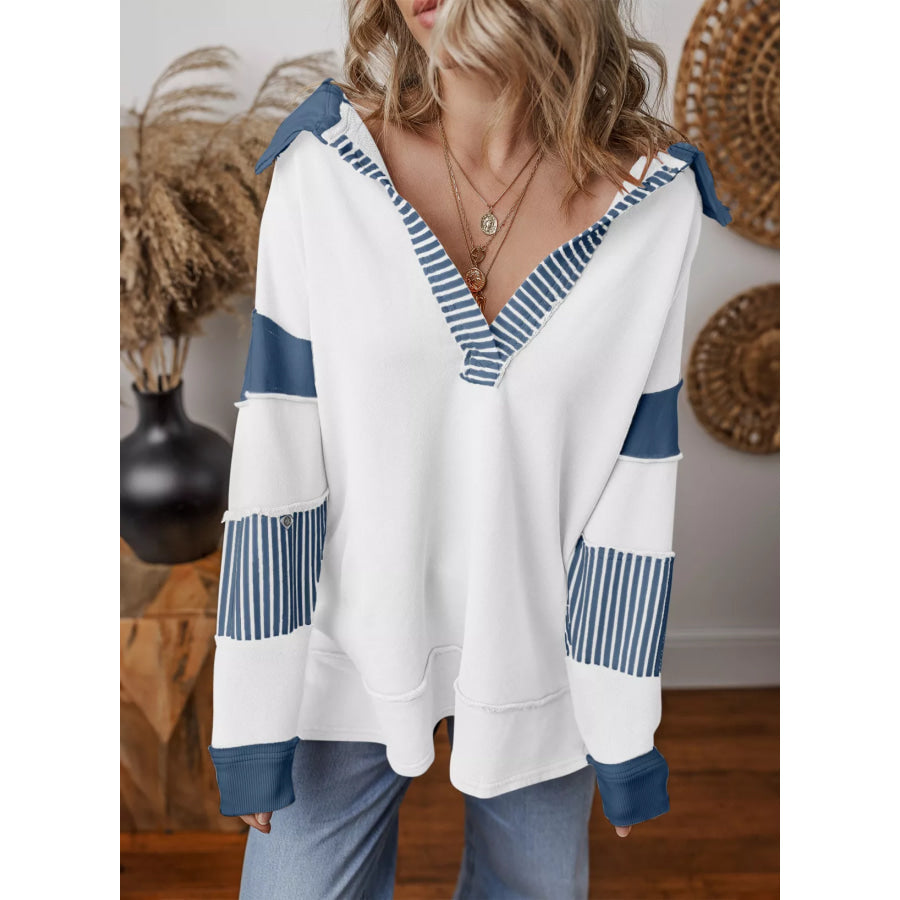 Color Block Striped Johnny Collar Sweatshirt White / S Apparel and Accessories