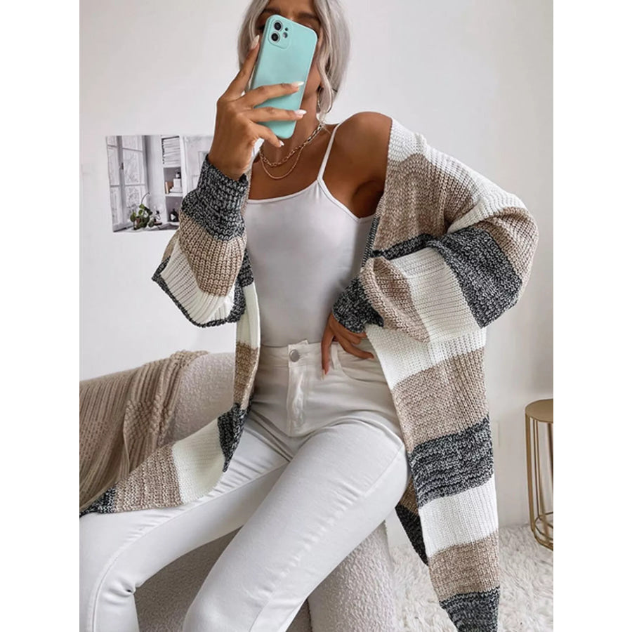 Color Block Striped Open Front Longline Cardigan Apparel and Accessories
