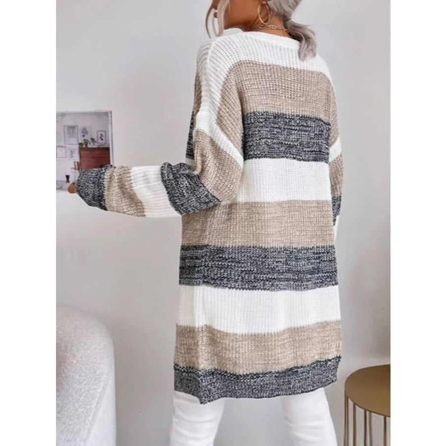 Color Block Striped Open Front Longline Cardigan Apparel and Accessories