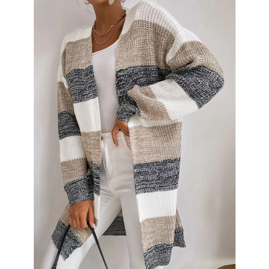 Color Block Striped Open Front Longline Cardigan Grey / S Apparel and Accessories