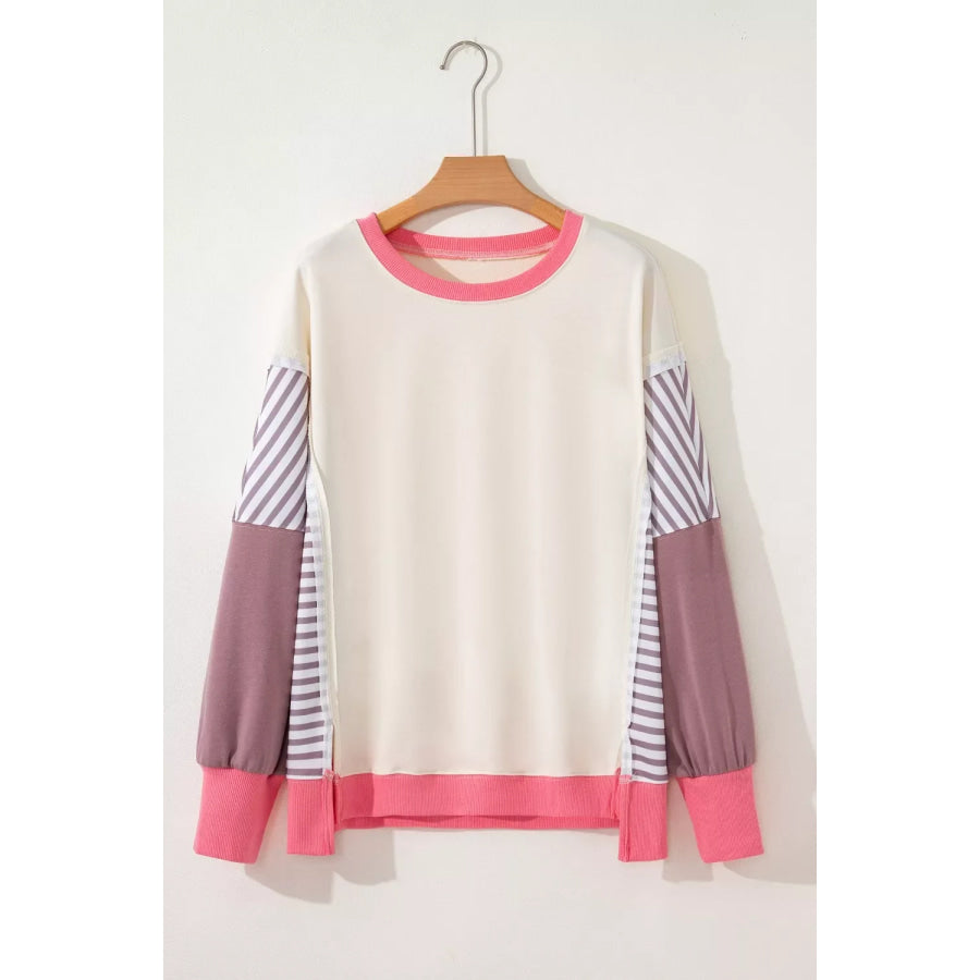 Color Block Striped Patchwork Dolman Slit Sweatshirt Apparel and Accessories