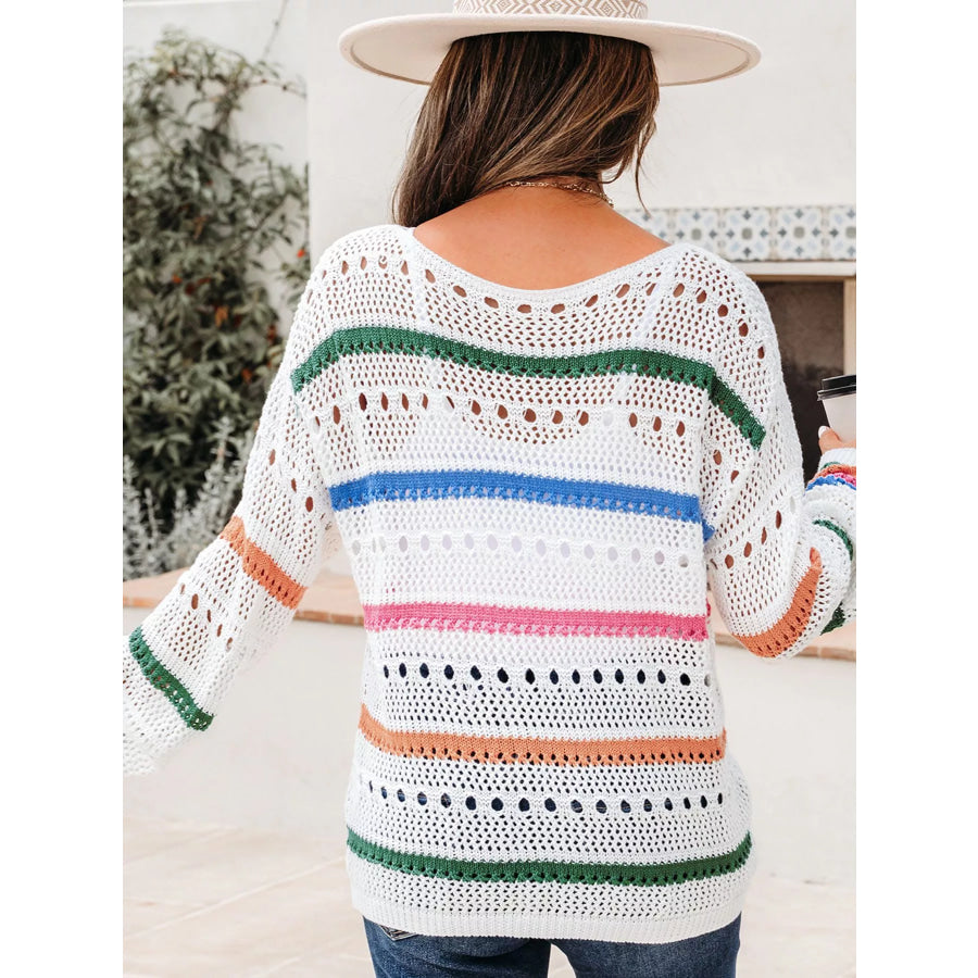 Color Block Striped Pointelle Knit Sweater Apparel and Accessories