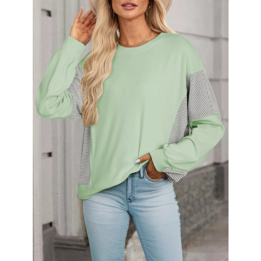 Color Block Striped Sleeve Casual Sweatshirt Gum Leaf / S Apparel and Accessories