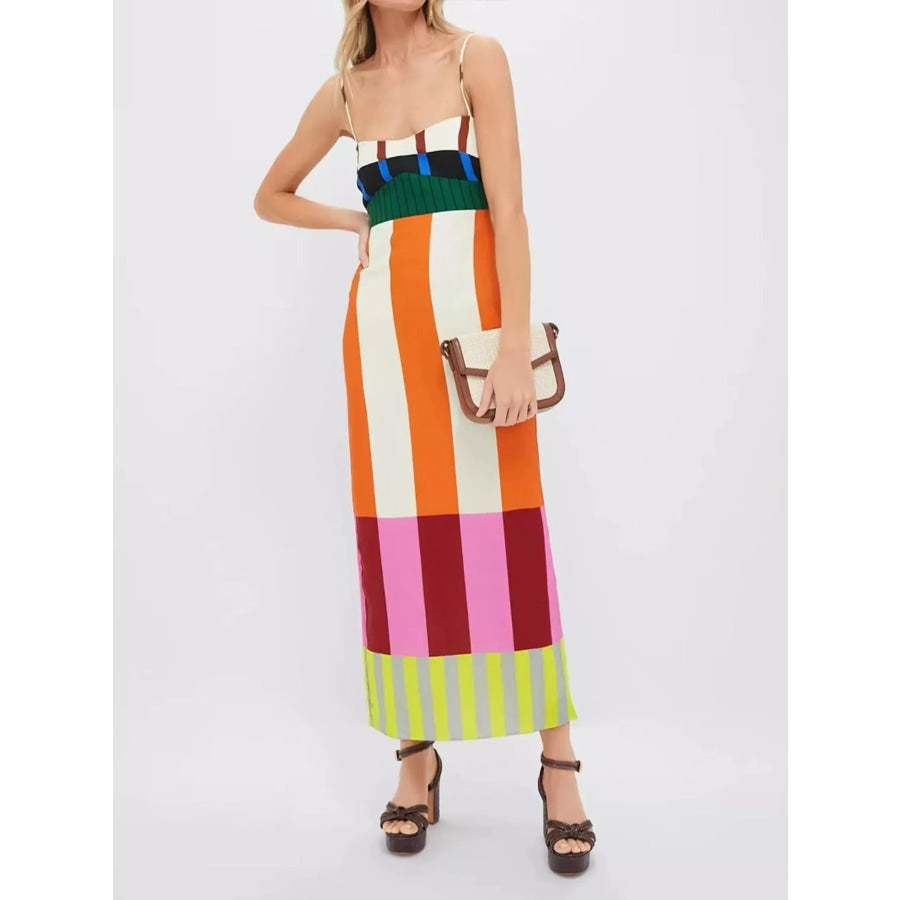 Color-Block Striped Spaghetti Strap Midi Dress Apparel and Accessories