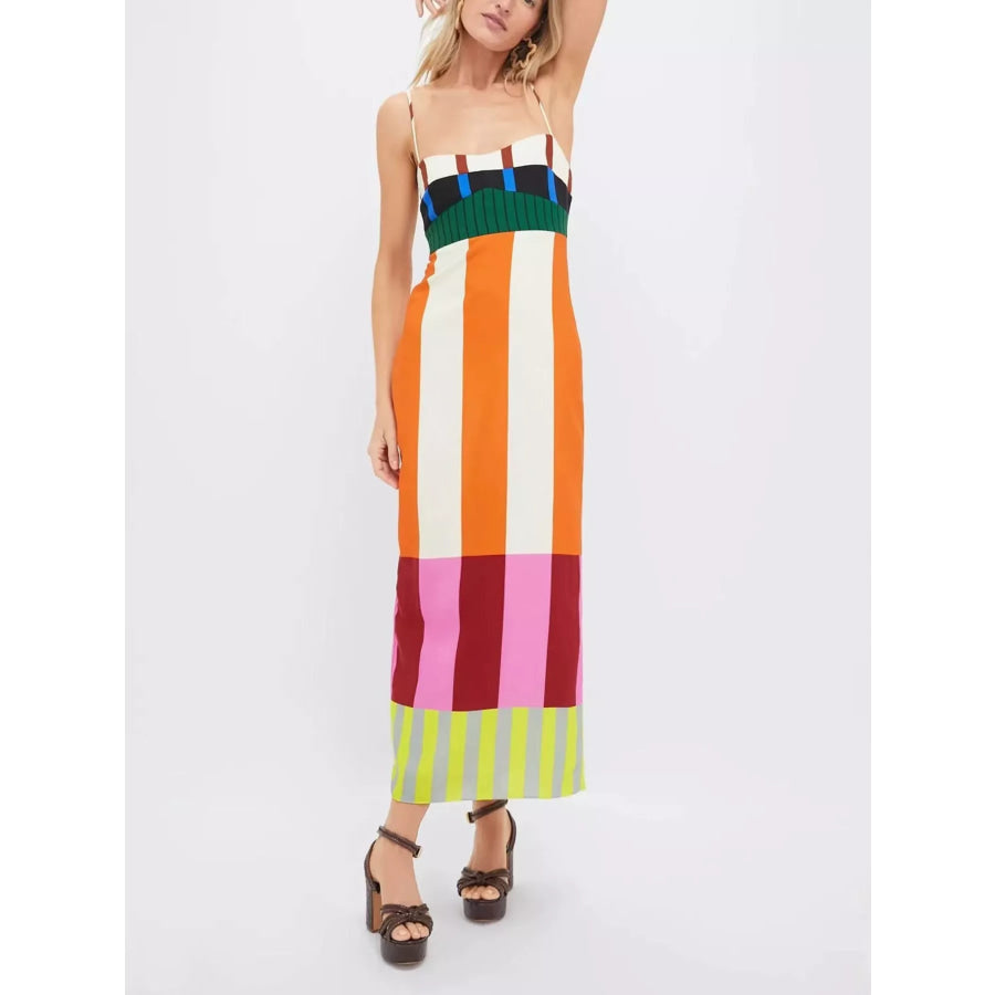 Color-Block Striped Spaghetti Strap Midi Dress Tangerine / XS Apparel and Accessories