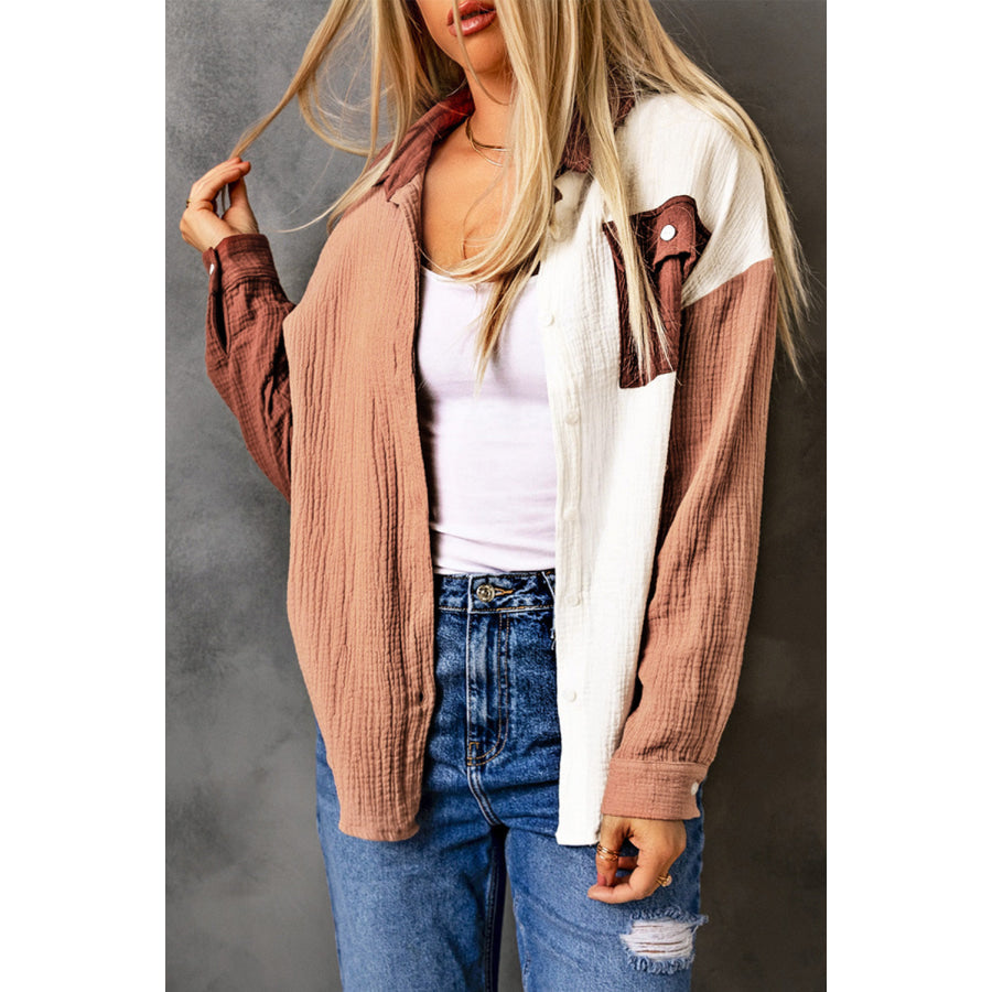 Color Block Textured Drop Shoulder Shacket Burnt Coral / S