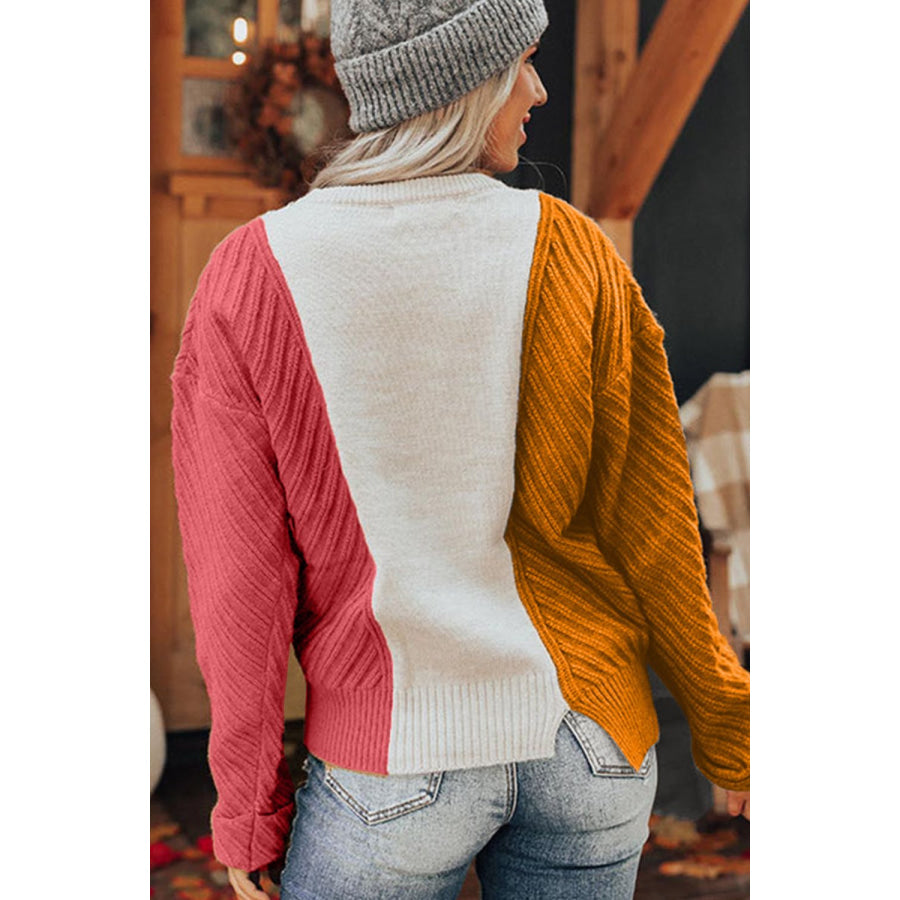 Color Block Textured Drop Shoulder Sweater Tangerine / S Apparel and Accessories
