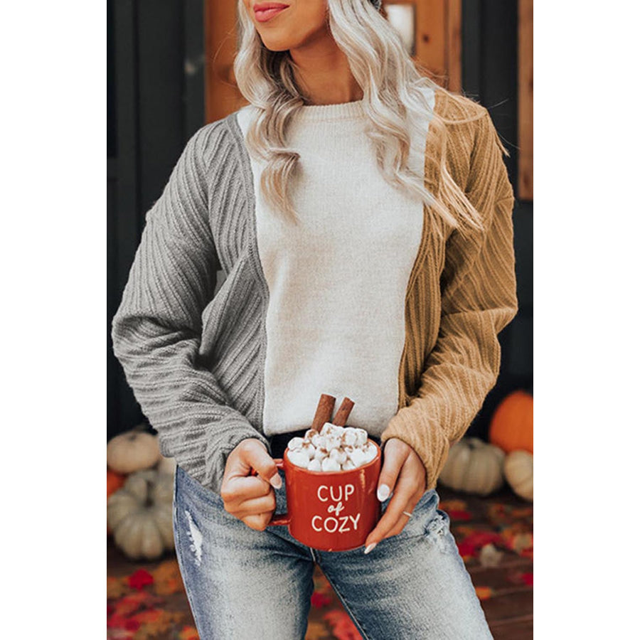 Color Block Textured Drop Shoulder Sweater Gray / S Apparel and Accessories