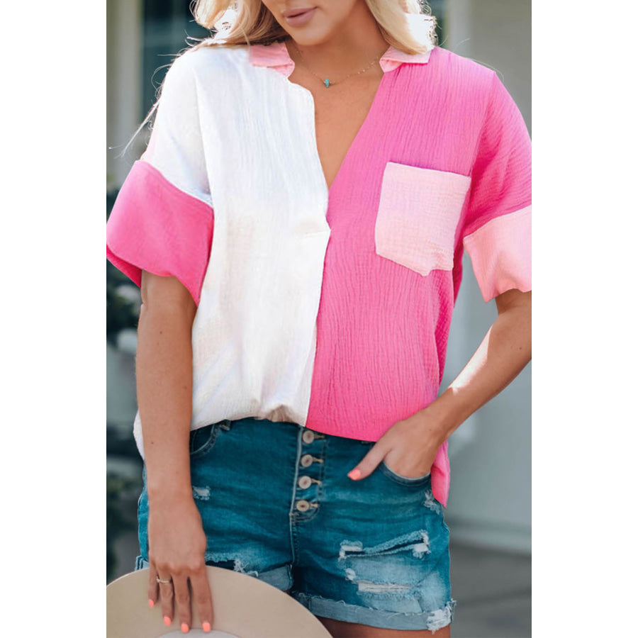 Color Block Textured Johnny Collar Blouse Hot Pink / S