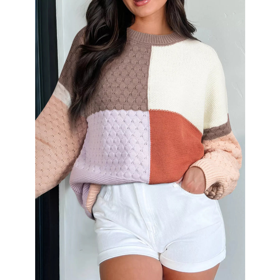 Color Block Textured Knit Sweater Apparel and Accessories