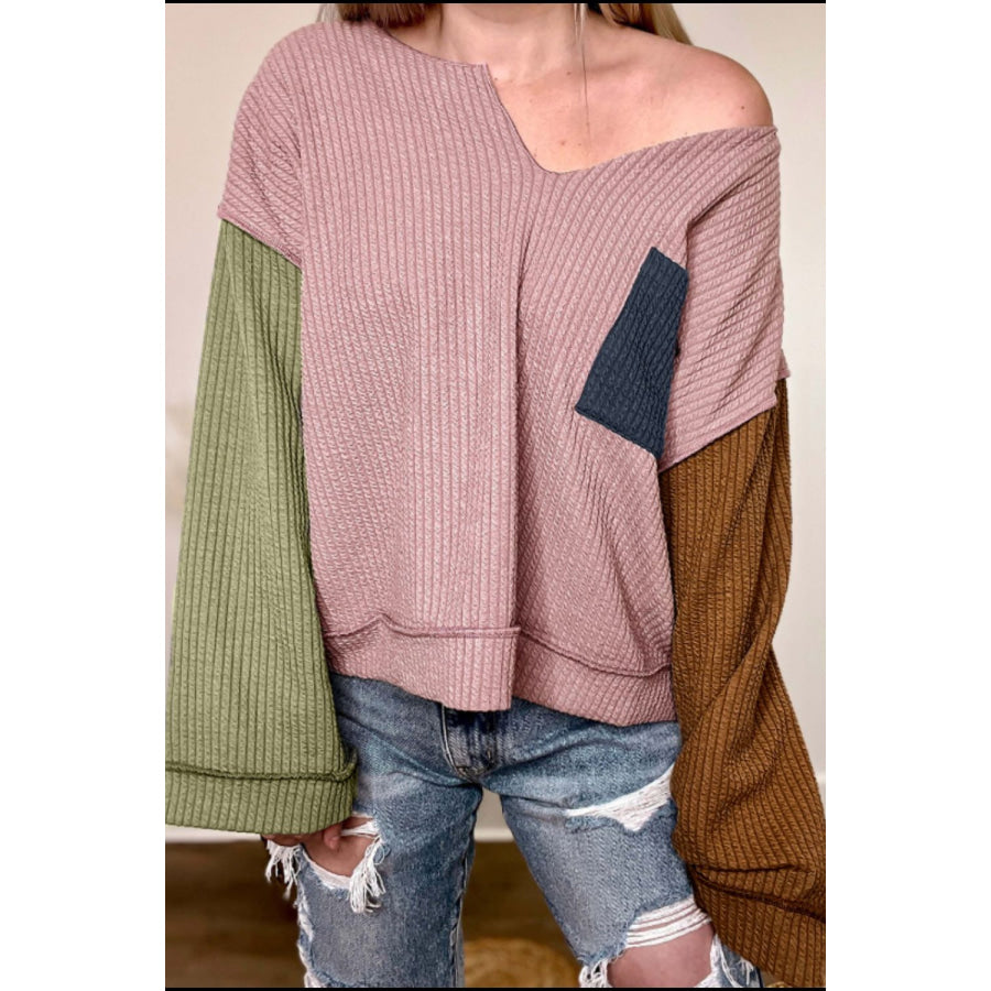 Color Block Textured Notched Long Sleeve Top Apparel and Accessories