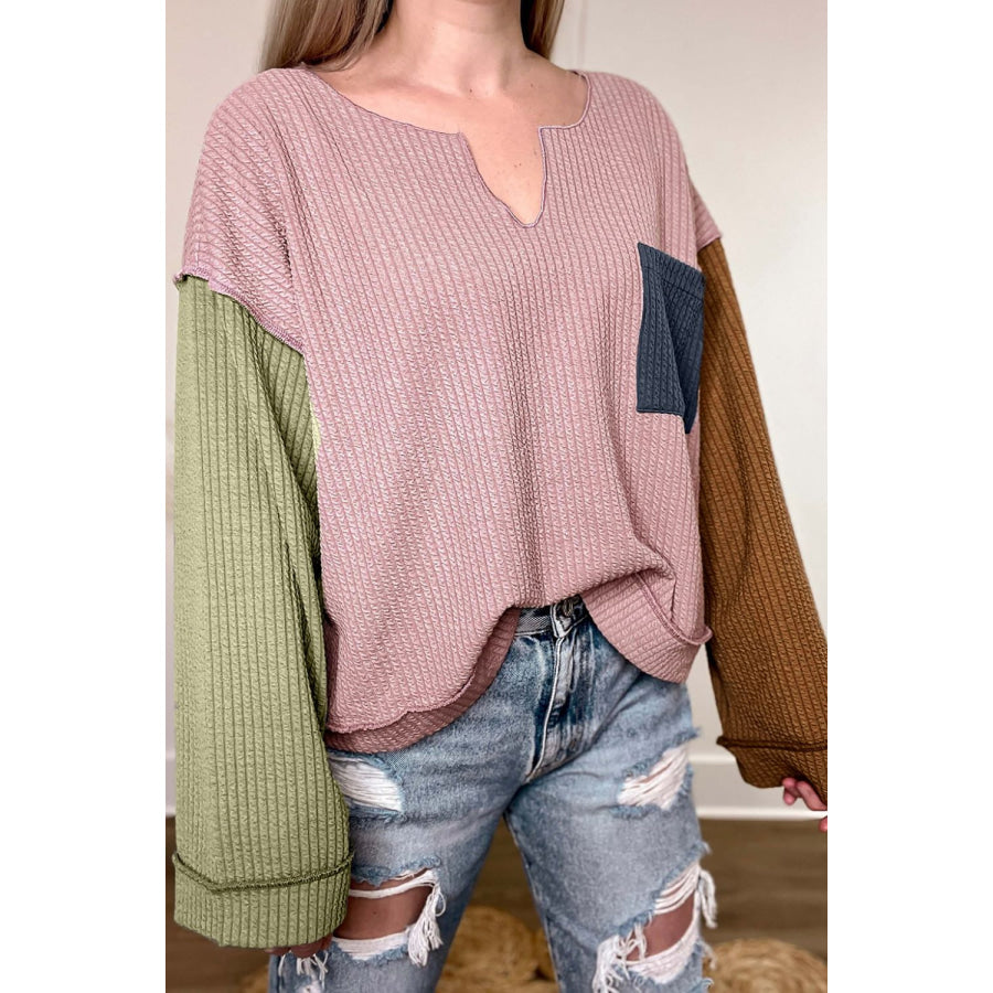 Color Block Textured Notched Long Sleeve Top Apparel and Accessories