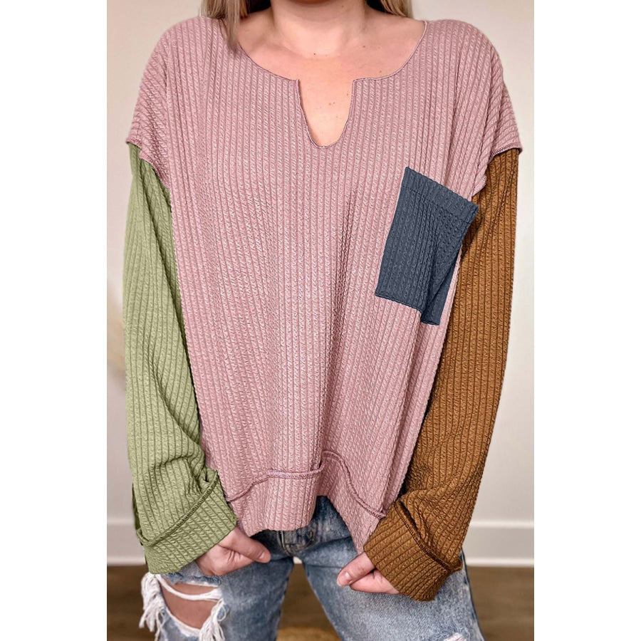 Color Block Textured Notched Long Sleeve Top Dusty Pink / S Apparel and Accessories