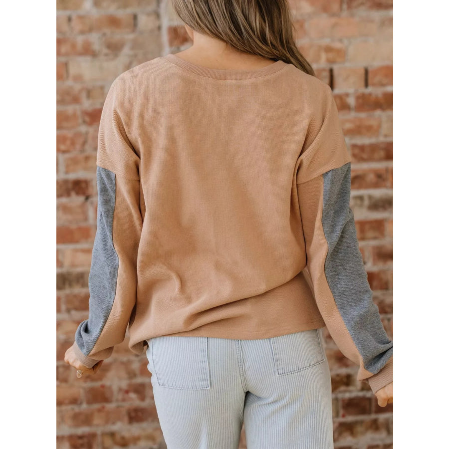 Color Block Thermal Textured Knit Drop Shoulder Henley Top Apparel and Accessories
