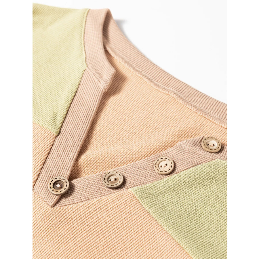 Color Block Thermal Textured Knit Drop Shoulder Henley Top Apparel and Accessories