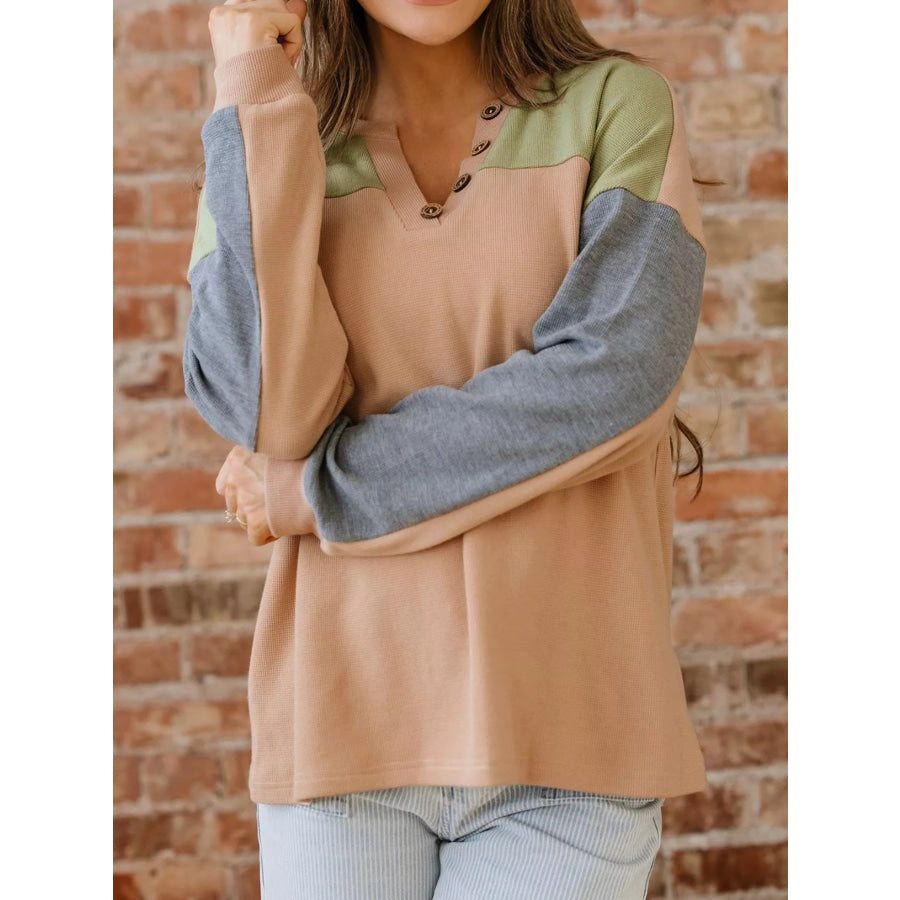 Color Block Thermal Textured Knit Drop Shoulder Henley Top Apparel and Accessories