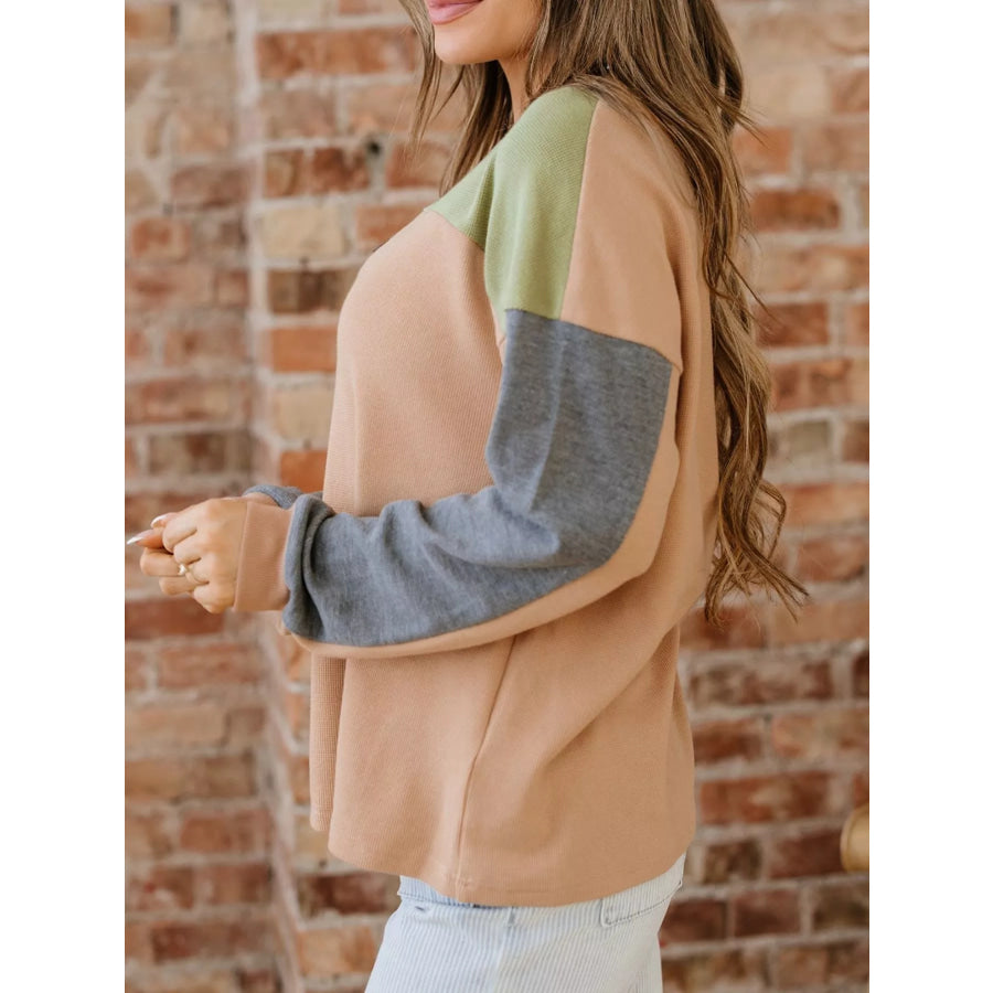 Color Block Thermal Textured Knit Drop Shoulder Henley Top Apparel and Accessories