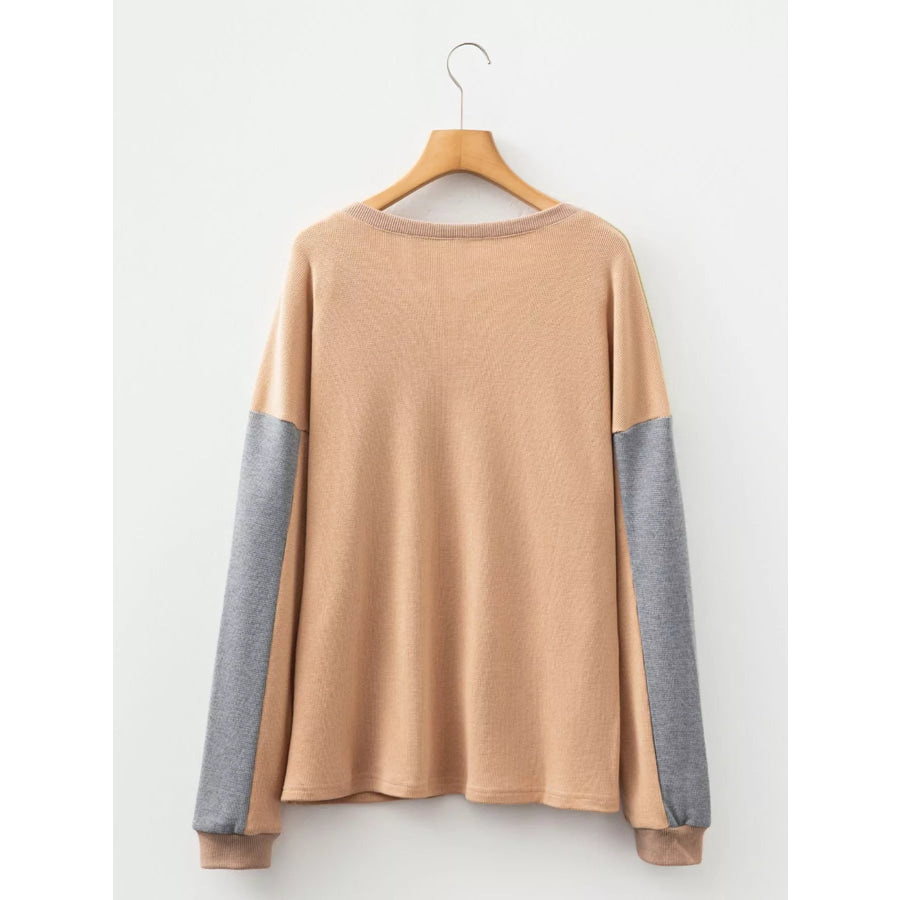 Color Block Thermal Textured Knit Drop Shoulder Henley Top Apparel and Accessories